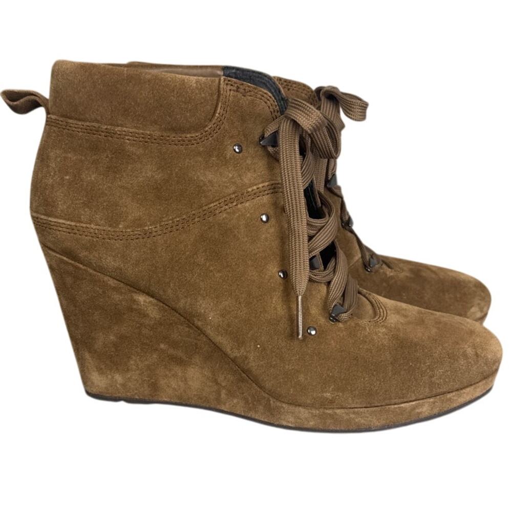 Via Spiga Wedge Booties Cognac Suede Rubber Sole Size 8 Designer Versatile